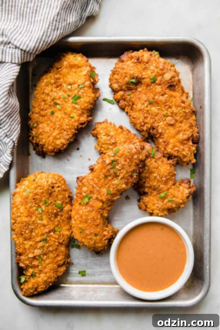 Golden Crispy Air Fryer Chicken Tenders 2 air fryer chicken tenders on sheet pan with sauce