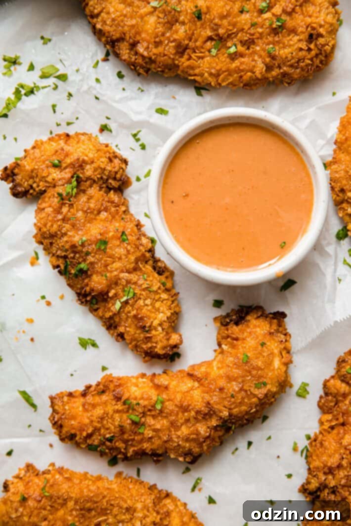 Golden Crispy Air Fryer Chicken Tenders 9 chicken tenders on parchment with sauce and parsley