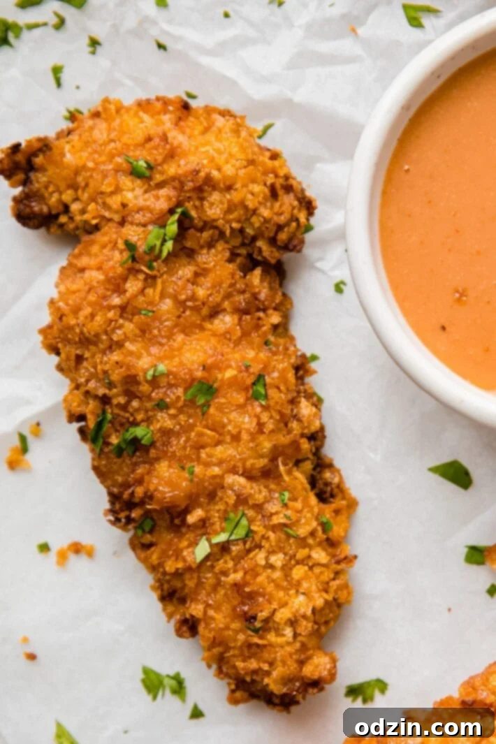 Golden Crispy Air Fryer Chicken Tenders 3 chicken tender on parchment paper topped with parsley