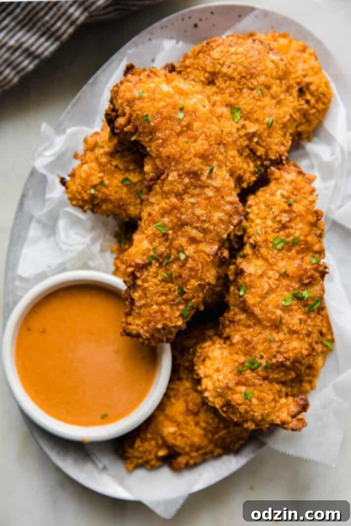 Golden Crispy Air Fryer Chicken Tenders 6 chicken tenders on steel plate with sauce