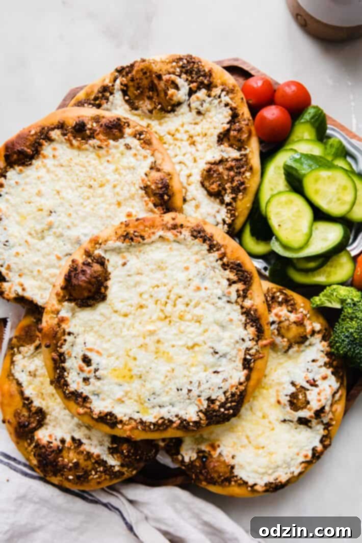 manakeesh on platter with fresh cucumbers and cherry tomatoes