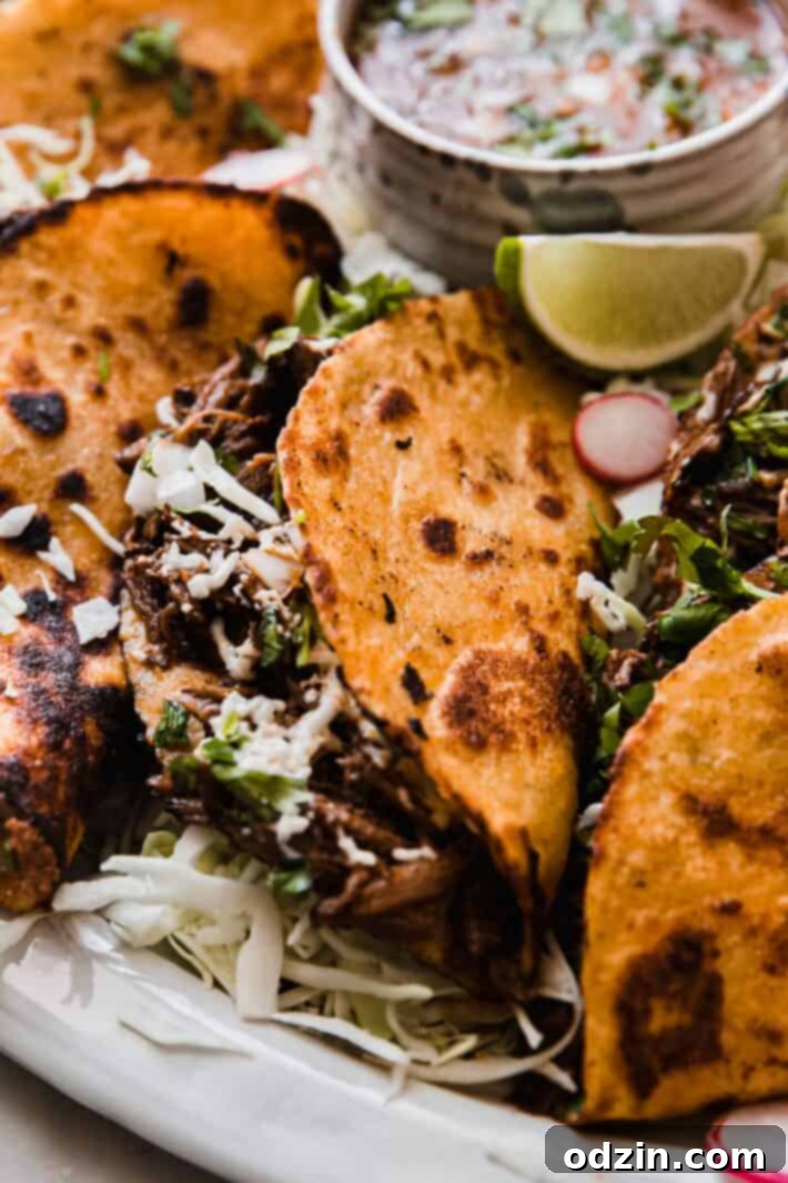 Birria de Res Stovetop and Instant Pot 7 quesabirria tacos on plate with limes and shredded cabbage