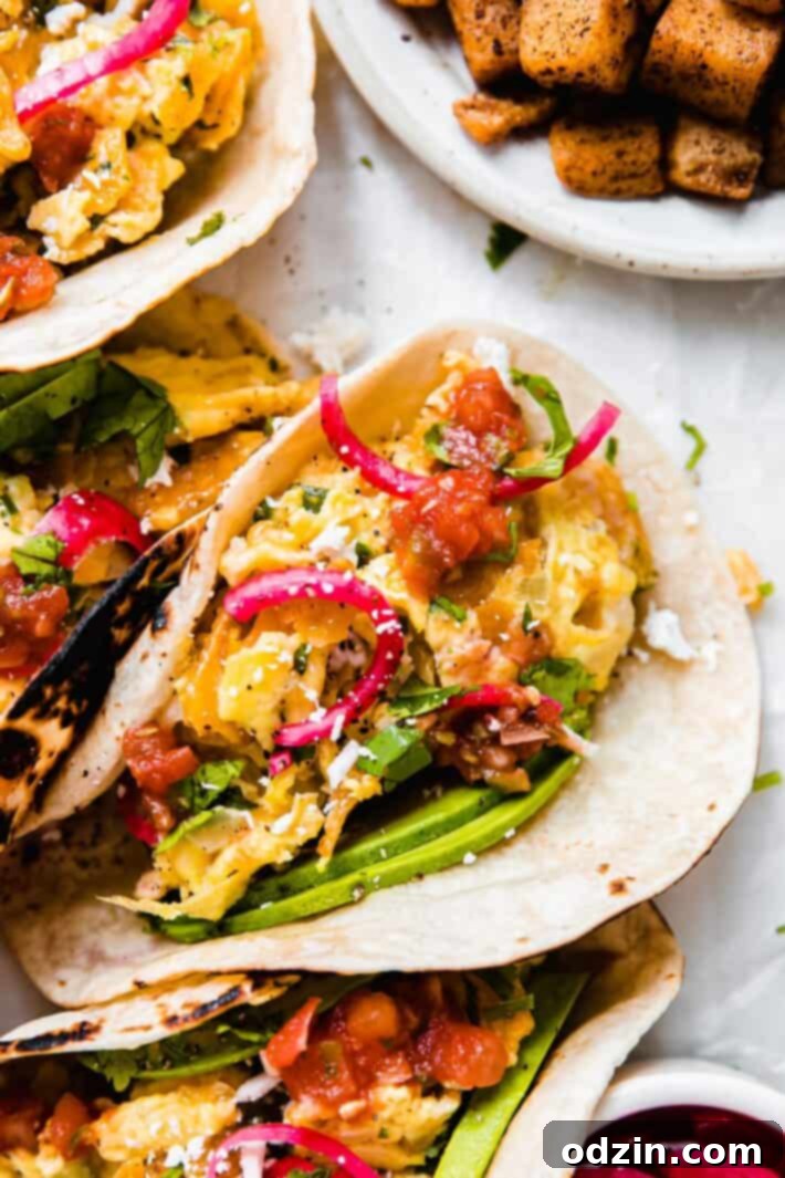 filled tacos with sliced avocados, cilantro, pickled onions eggs, and salsa