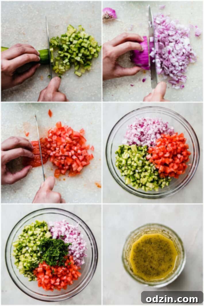 chopping vegetables and making the dressing