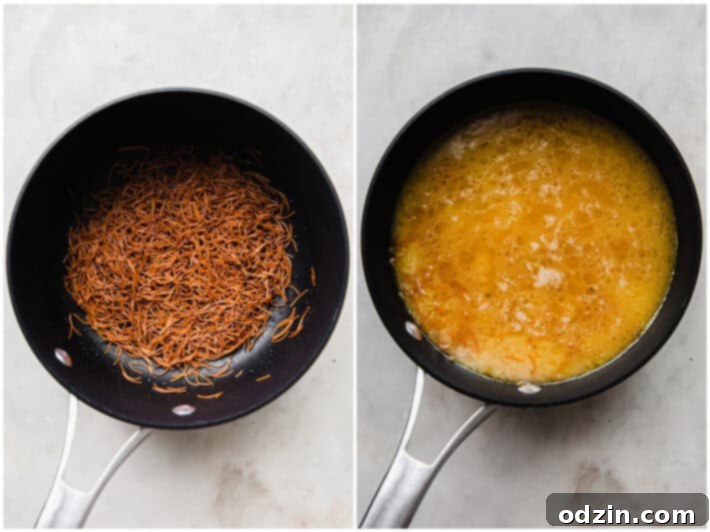 toasting vermicelli and simmering the rice in stock