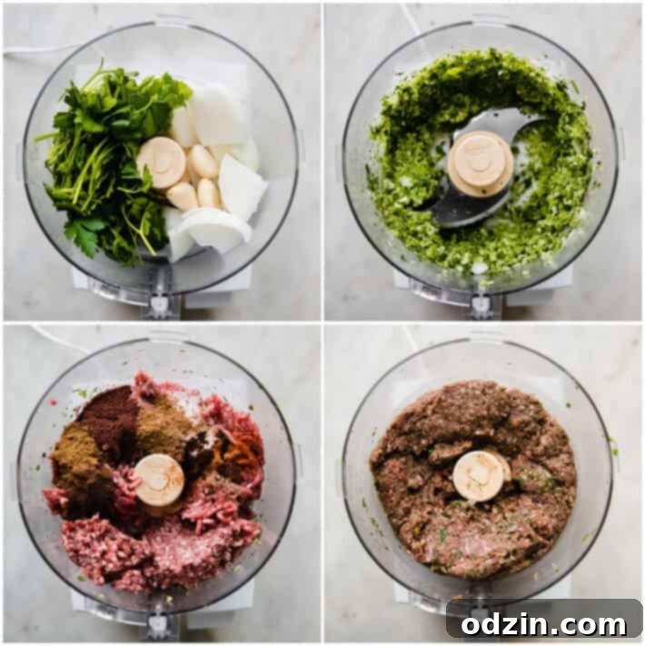 mincing the onions and preparing the ground meat mixture