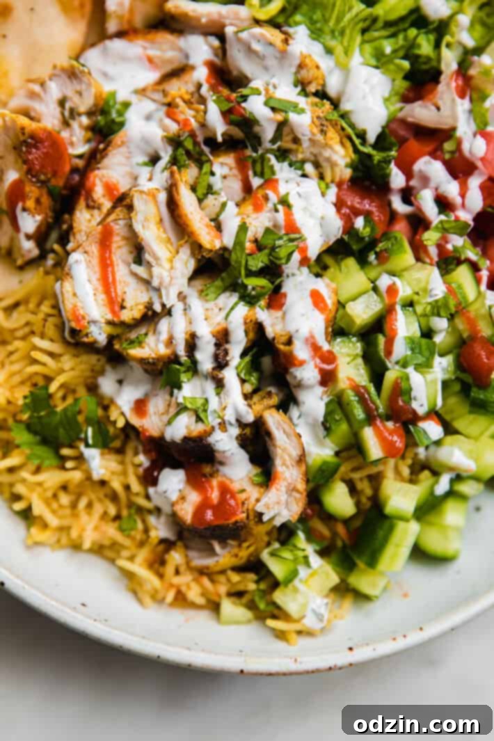 halal chicken over rice topped with cilantro white sauce and red sauce