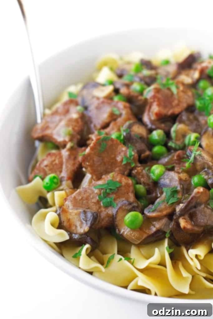 Beef Stew with Mushrooms Over Egg Noodles