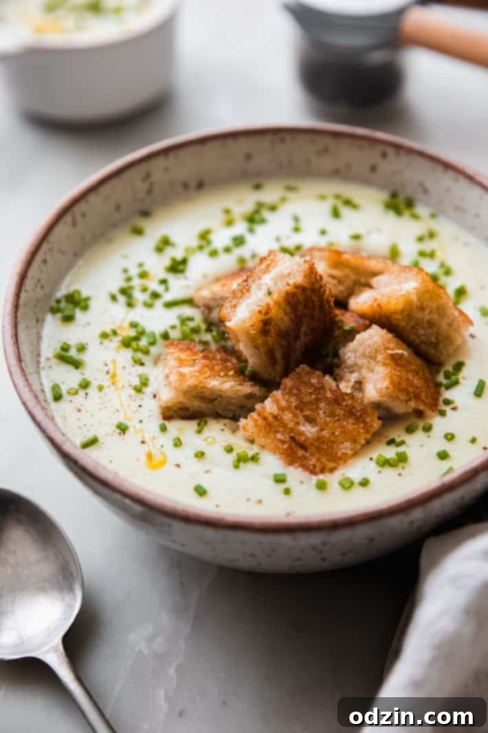 Velvety Roasted Garlic Potato Soup with Crispy Grilled Cheese Croutons 2 garlic potato soup topped with grilled cheese croutons