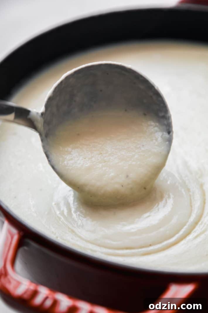 Velvety Roasted Garlic Potato Soup with Crispy Grilled Cheese Croutons 5 soup pouring from ladle into dutch oven