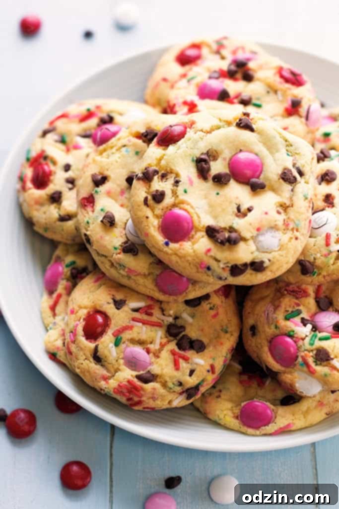 A stack of perfectly baked M&M cake batter cookies, ready for pinning to Pinterest.