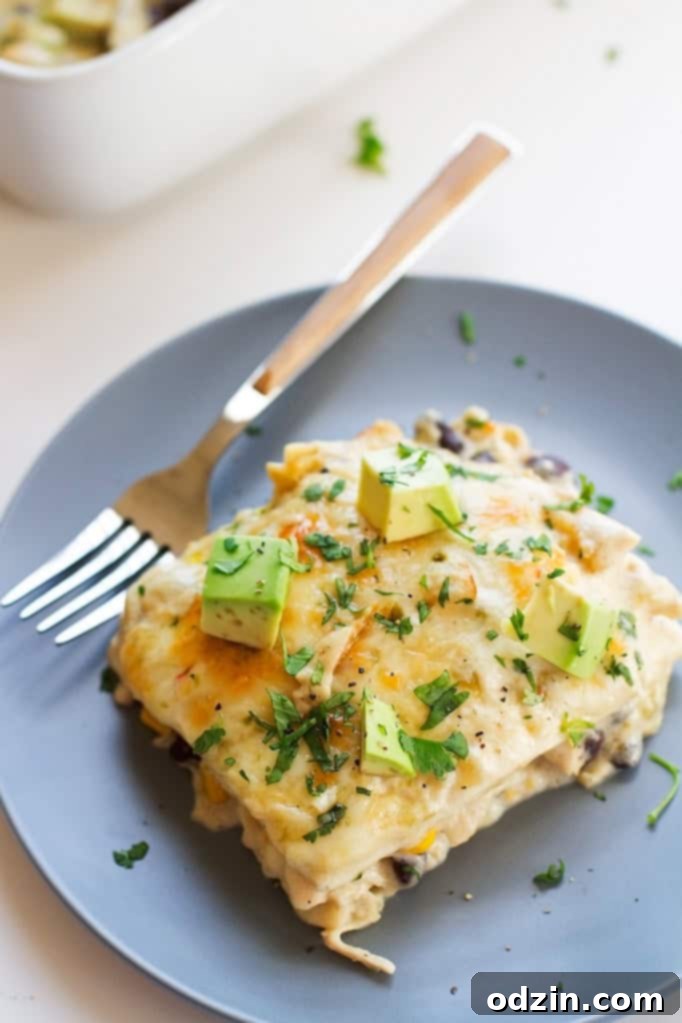 White Chicken Enchilada Casserole with Black Beans and Corn