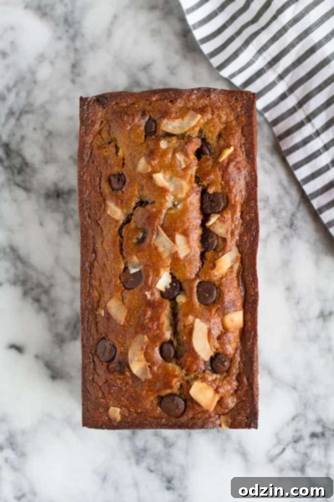 Top-down view of Coconut Chocolate Chip Banana Bread, highlighting the golden crust and evenly distributed chocolate and coconut. #dessertrecipe #easybaking