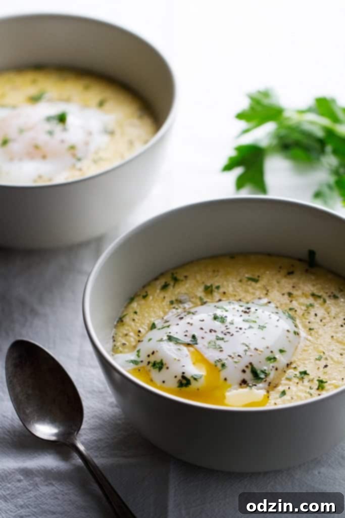 Creamy Jalapeno Cheddar Grits with Poached Eggs, a delightful brunch recipe.