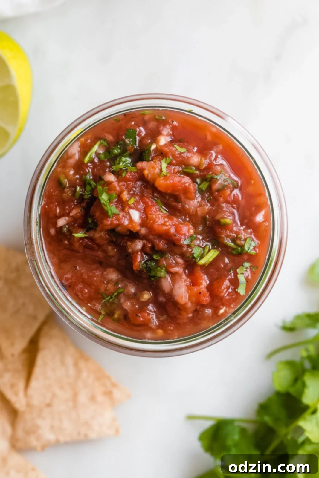 top shot of blender salsa filled to the top in a weck jar 