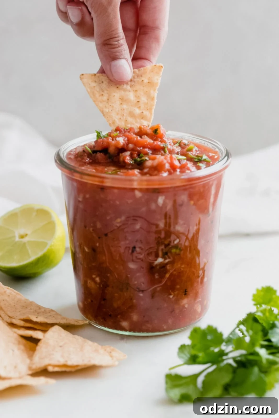 hand dipping tortilla chip into chunky salsa