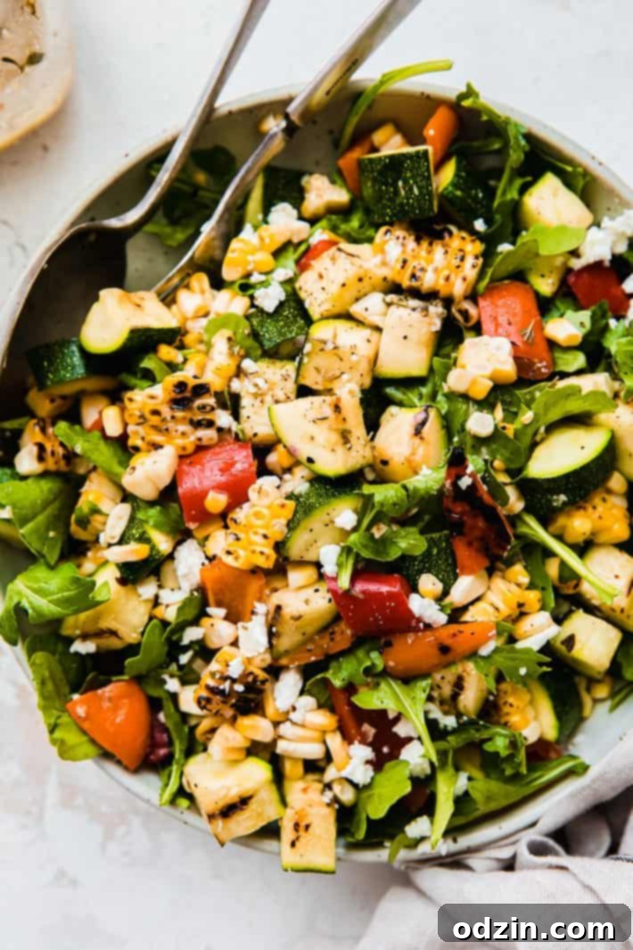 Smoky Grilled Zucchini and Sweet Corn Salad with Bell Peppers 6 Grilled zucchini, charred corn, sweet peppers over arugula with feta