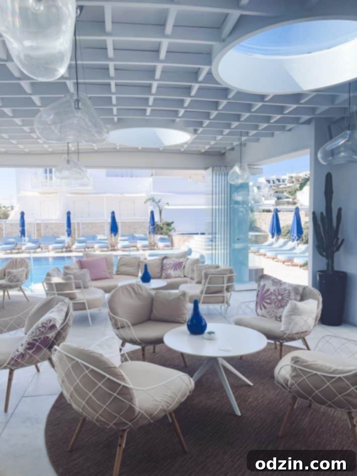 Indoor sitting area at the Myconian Kyma hotel with modern design