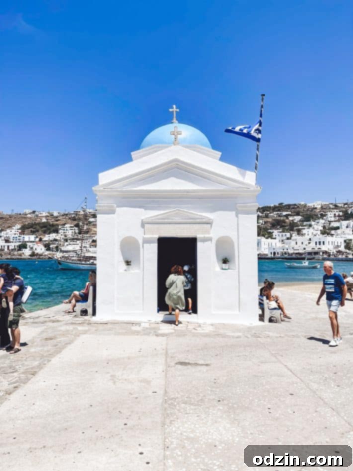 Agios Nikolaos Church with its distinctive blue dome in Mykonos