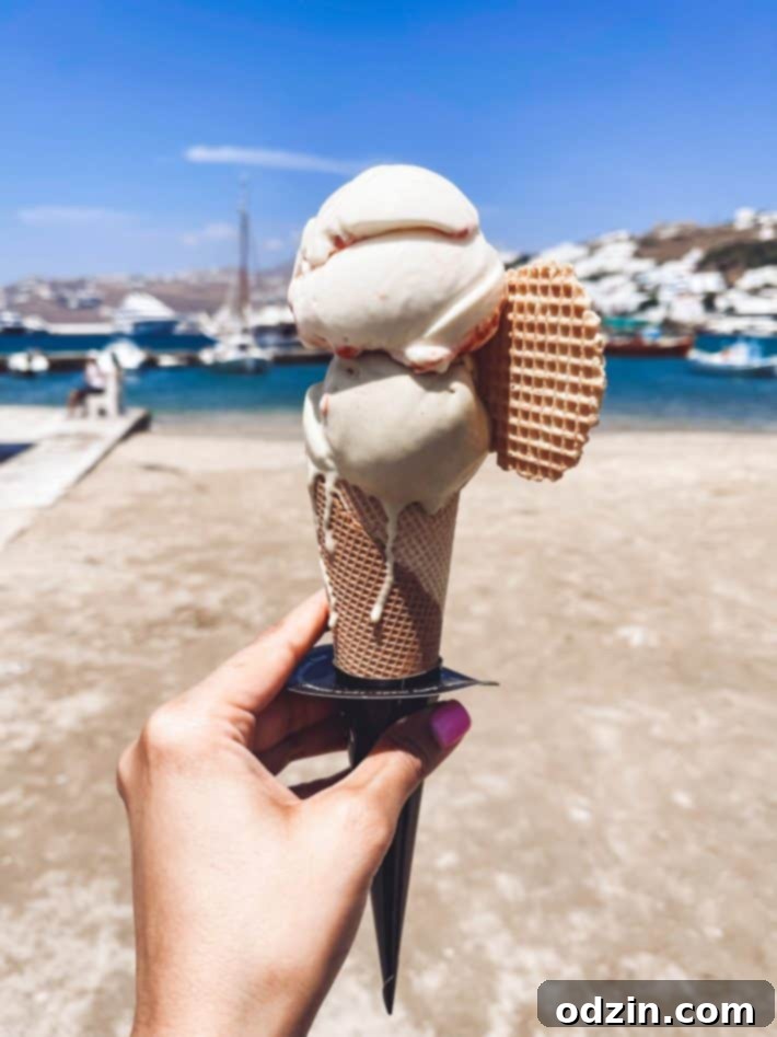 Melting gelato cone in Mykonos, a perfect treat on a warm day