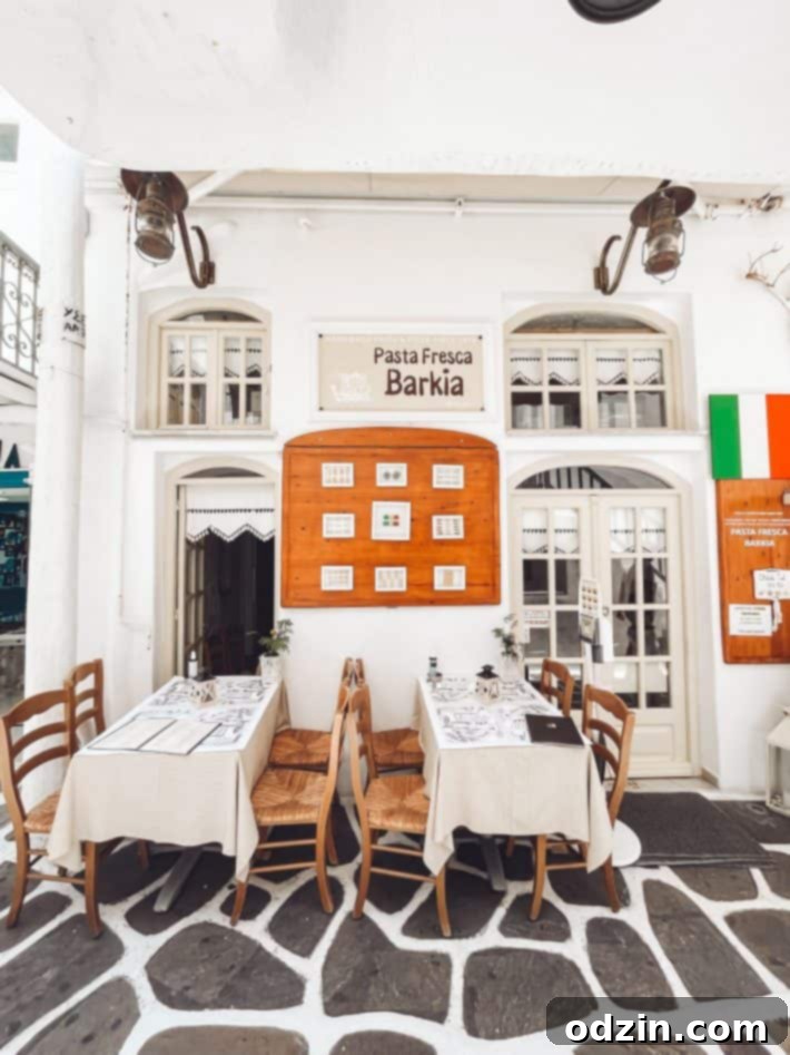 Outdoor seating at Pasta Fresca Barkia, a charming Mykonos restaurant