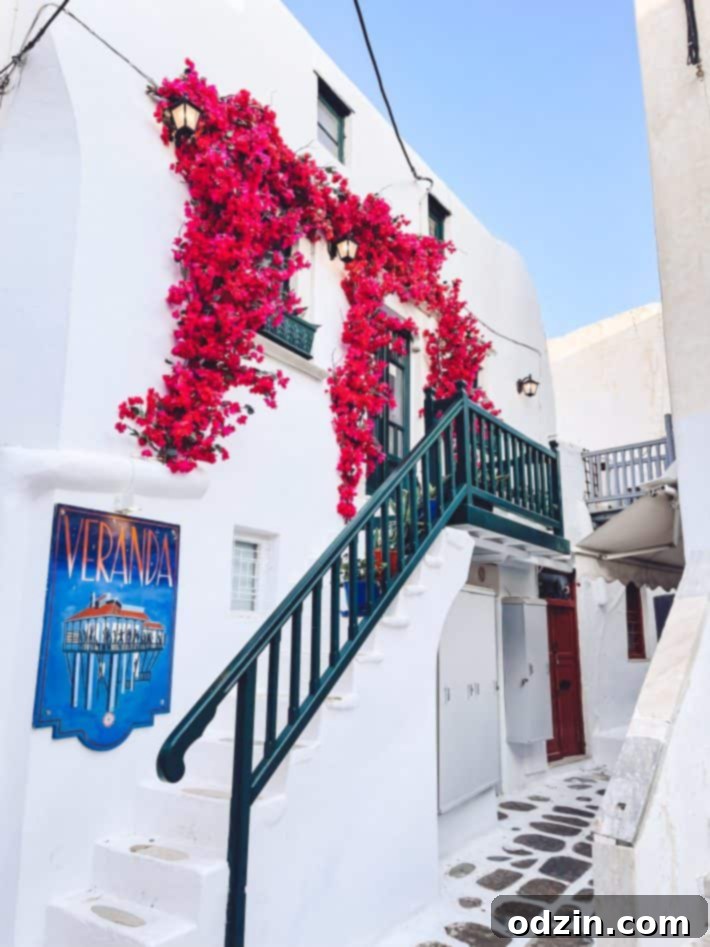 Charming veranda with bougainvillea in Mykonos Town