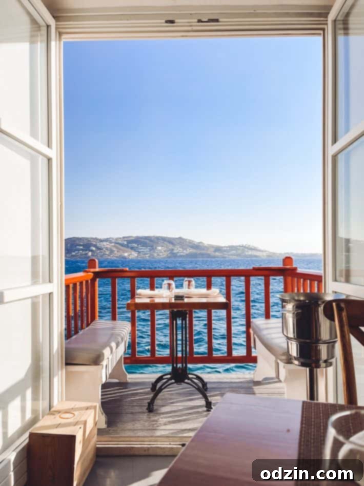 Seaview window at Kastros Restaurant offering panoramic views of Mykonos