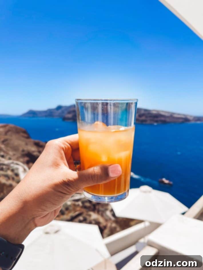 peach juice and a caldera view