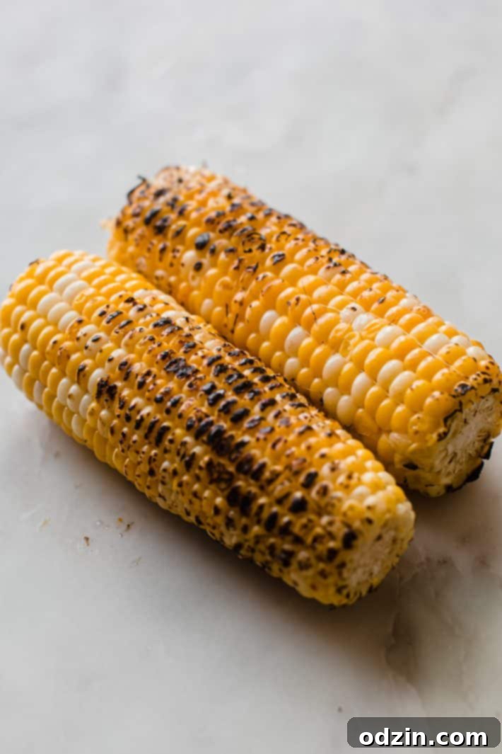 Perfectly charred corn kernels on a white marble surface