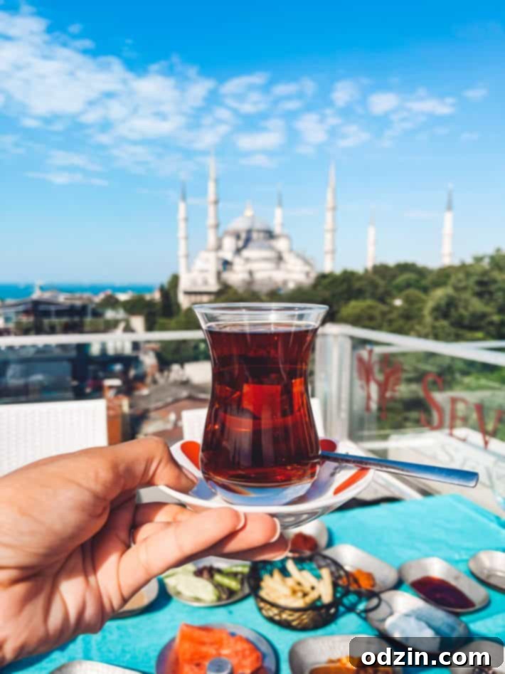 Turkish tea at seven hills restaurant with Hagia Sophia in the background