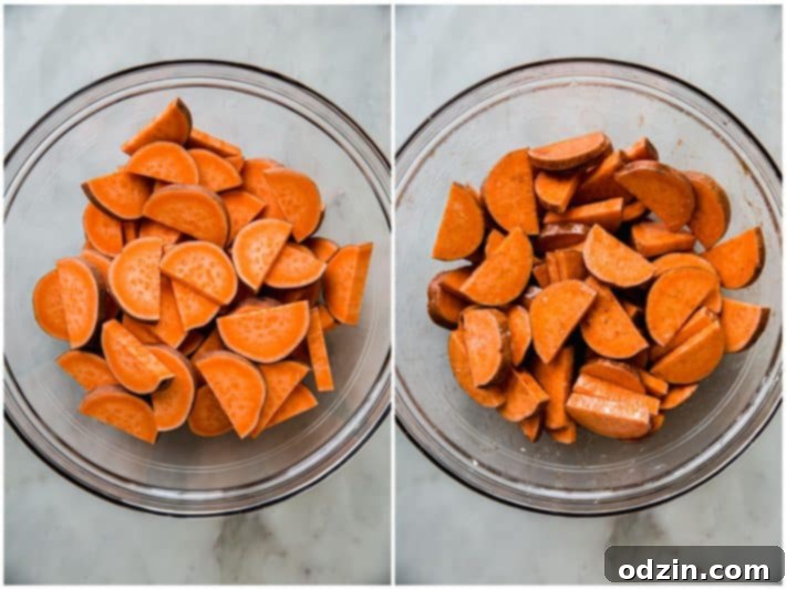 A side-by-side comparison of sweet potato slices before and after seasoning in a bowl.
