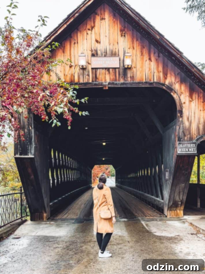 Woodstock Middle Bridge, surrounded by fall foliage