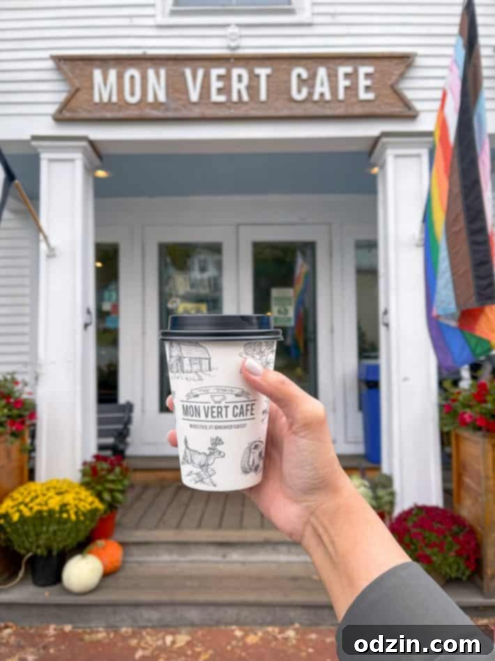 Coffee outside Mon Vert Cafe, cozy fall setting