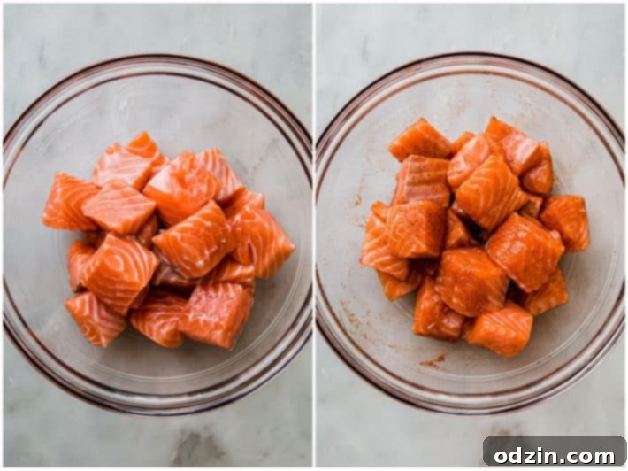 salmon chunks in bowl before and after seasoning