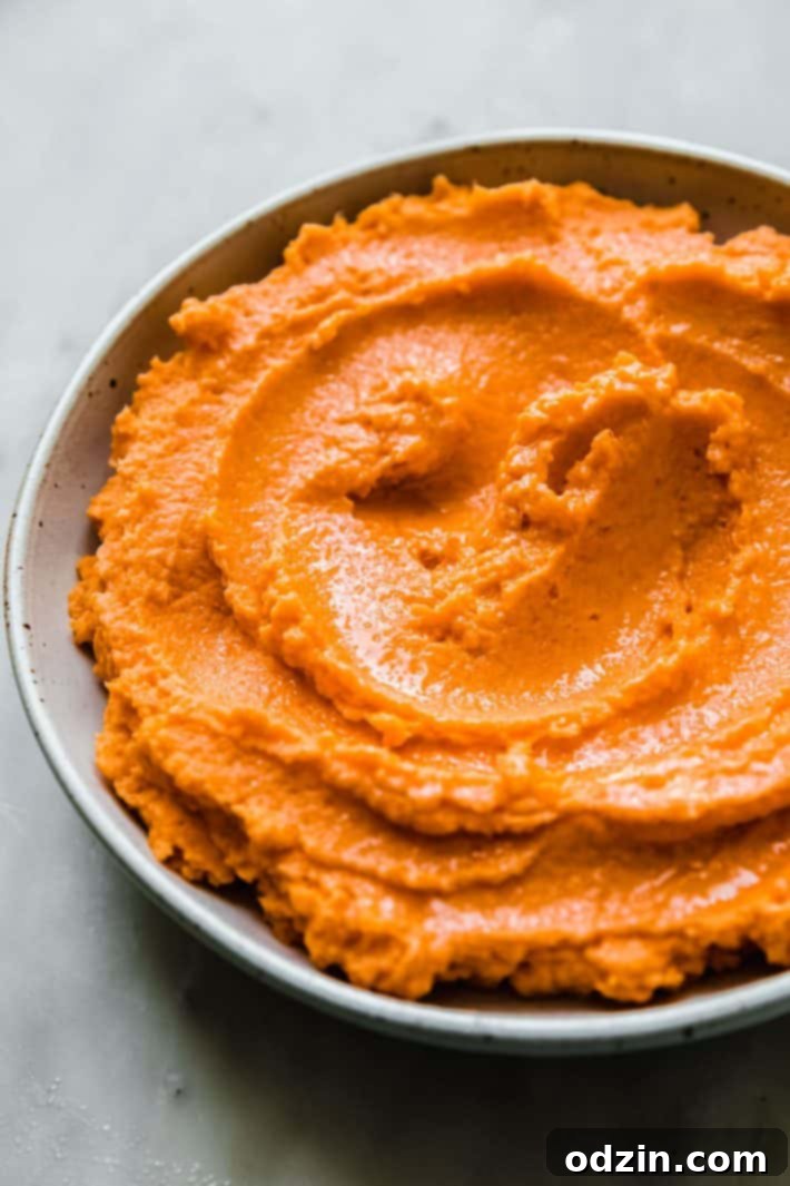 A beautifully swirled mound of creamy sweet potato mash in a serving dish, ready to be enjoyed