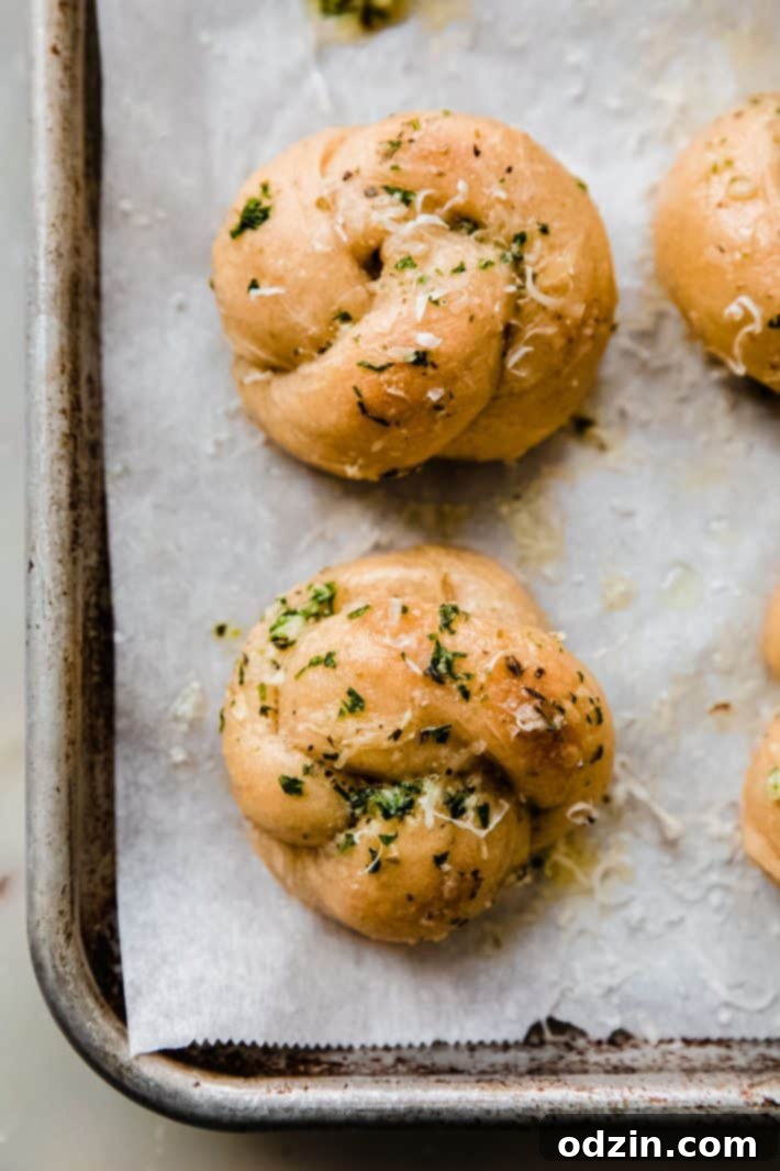 Baked knots topped with parmesan cheese on parchment