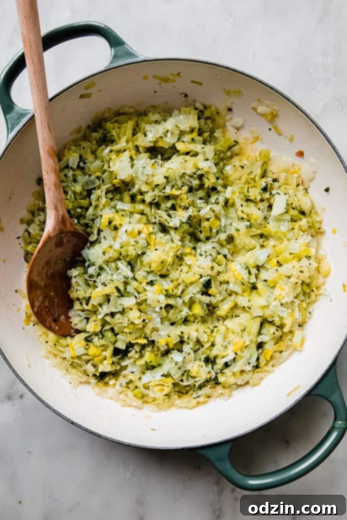 sautéed onions, celery, and leeks in cast iron