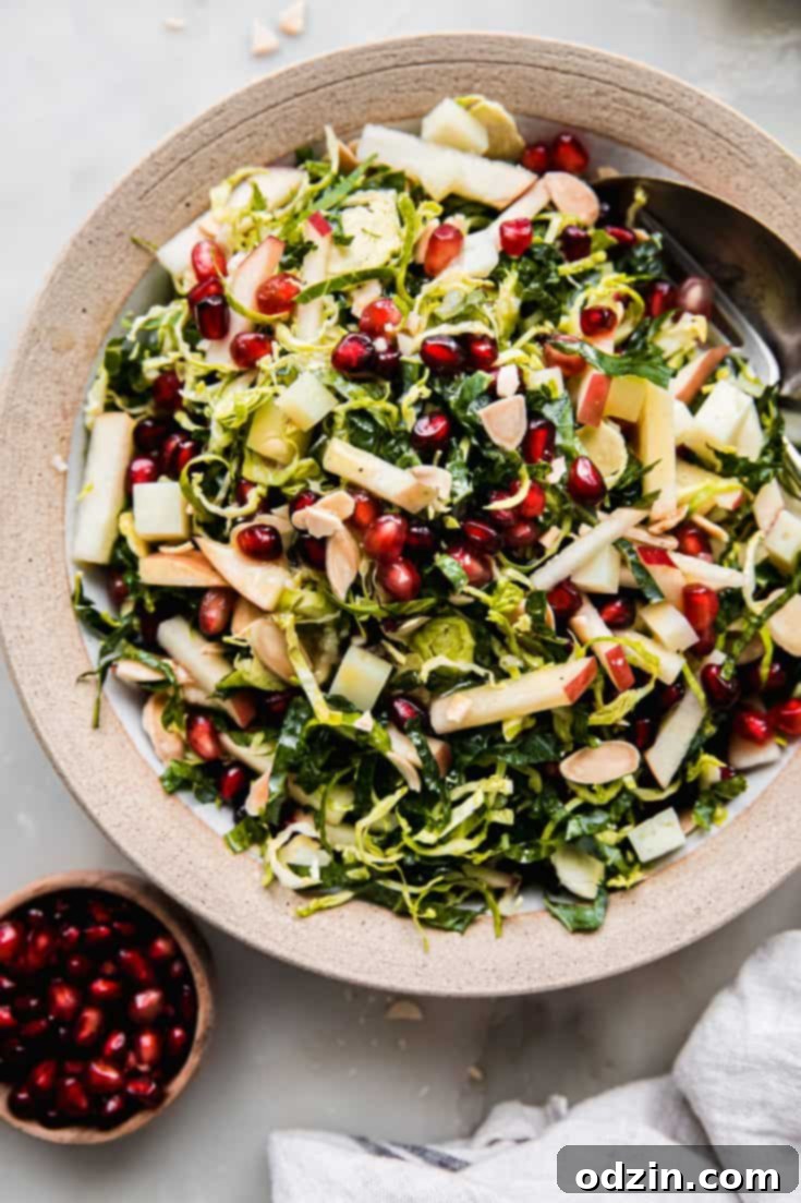 shaved brussels sprout salad in rimmed bowl with apples and pomegranate arils