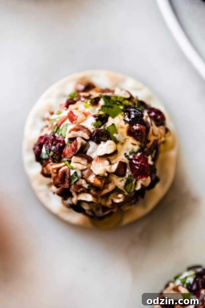 broken cheese ball on cracker