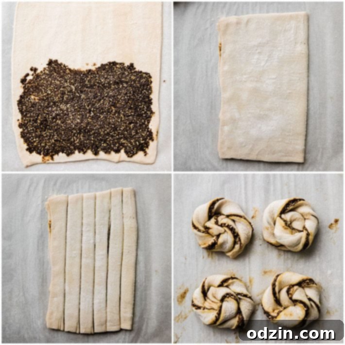 A visual step-by-step process for filling puff pastry twists with za'atar mixture, showing the spreading of the herb paste, careful folding of the pastry, and precise cutting into strips.