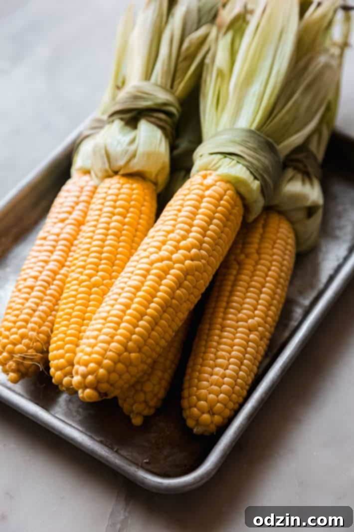 Mexican Street Corn - perfect to serve at barbecues and on Cinco de Mayo! Tender corn with garlic mayo, lime juice, cotija cheese, and cilantro! #cornonthecob #mexicanstreetcorn #cincodemayo | Littlespicejar.com Baked corn on the cob with husks peeled back, showing tender golden kernels.