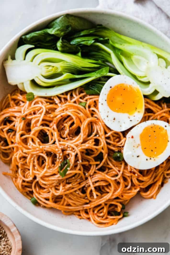 gochujang noodles with soft boiled eggs and bok choy