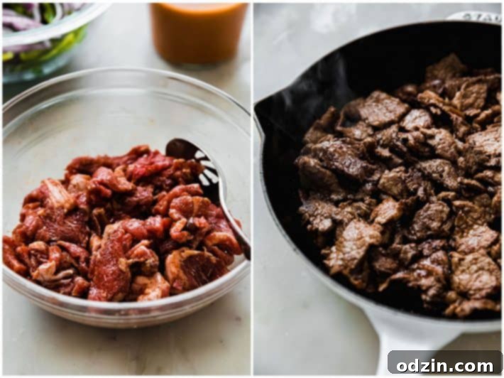 Chipotle Philly Cheesesteak Quesadillas 4 marinated steak in bowl and cooked