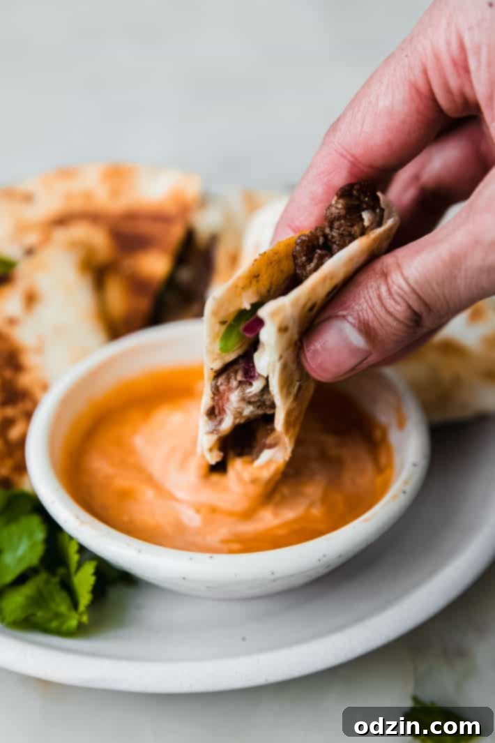Chipotle Philly Cheesesteak Quesadillas 5 dipping steak quesadillas in chipotle vinaigrette