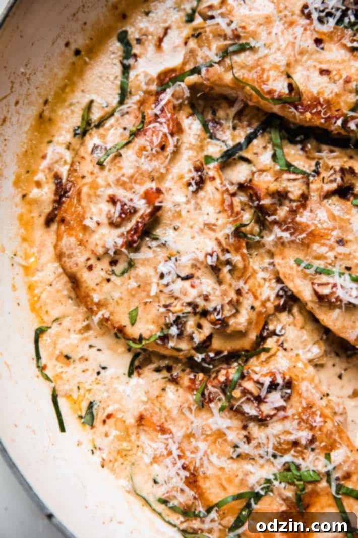 The Ultimate Marry Me Chicken Recipe 3 Close-up of golden seared chicken breasts simmering in a rich, creamy sun-dried tomato sauce with fresh basil.