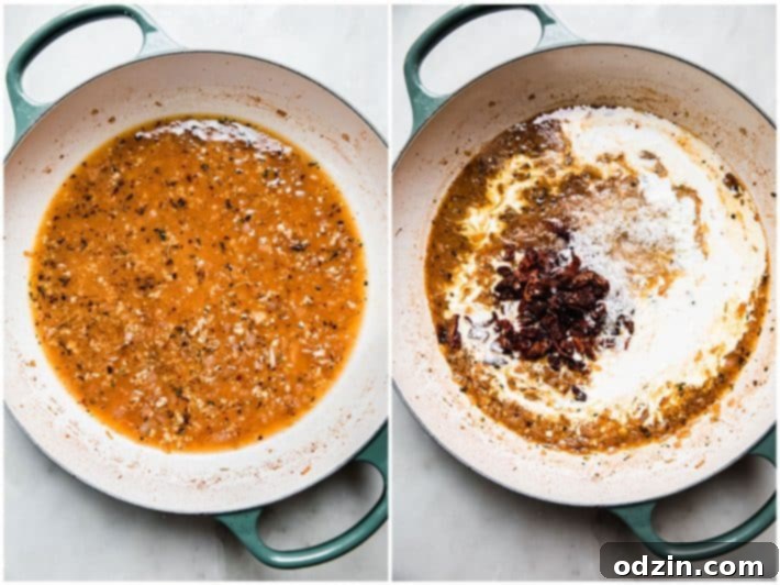 The Ultimate Marry Me Chicken Recipe 5 Steps to create the luscious garlic parmesan cream sauce for Marry Me Chicken in a skillet.