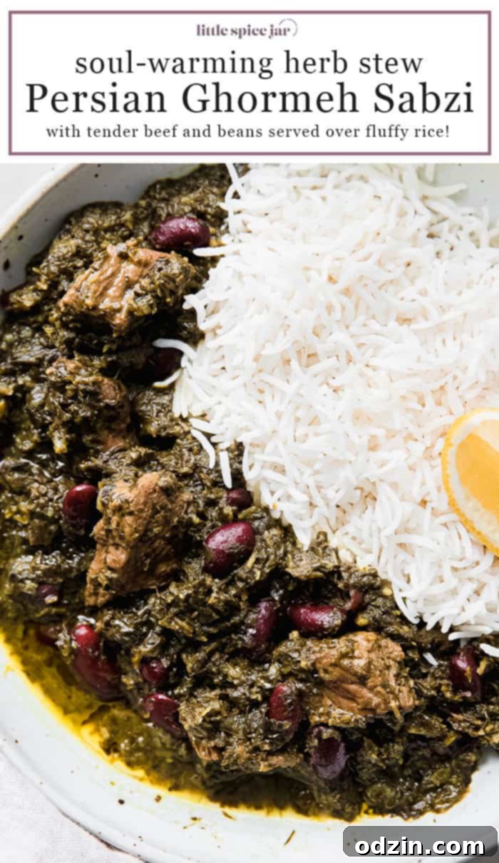 Ghormeh Sabzi on a plate with rice, ready for serving