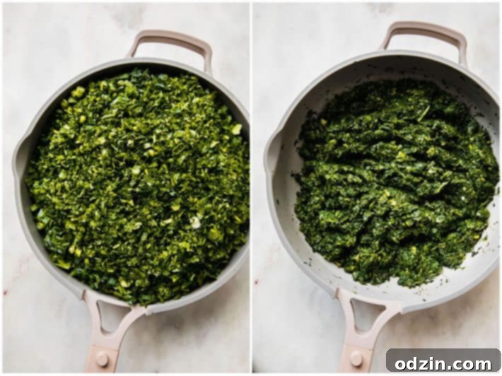 Before and after comparison of sautéed herbs for Ghormeh Sabzi, showing vibrant green transforming to a deeper, darker shade