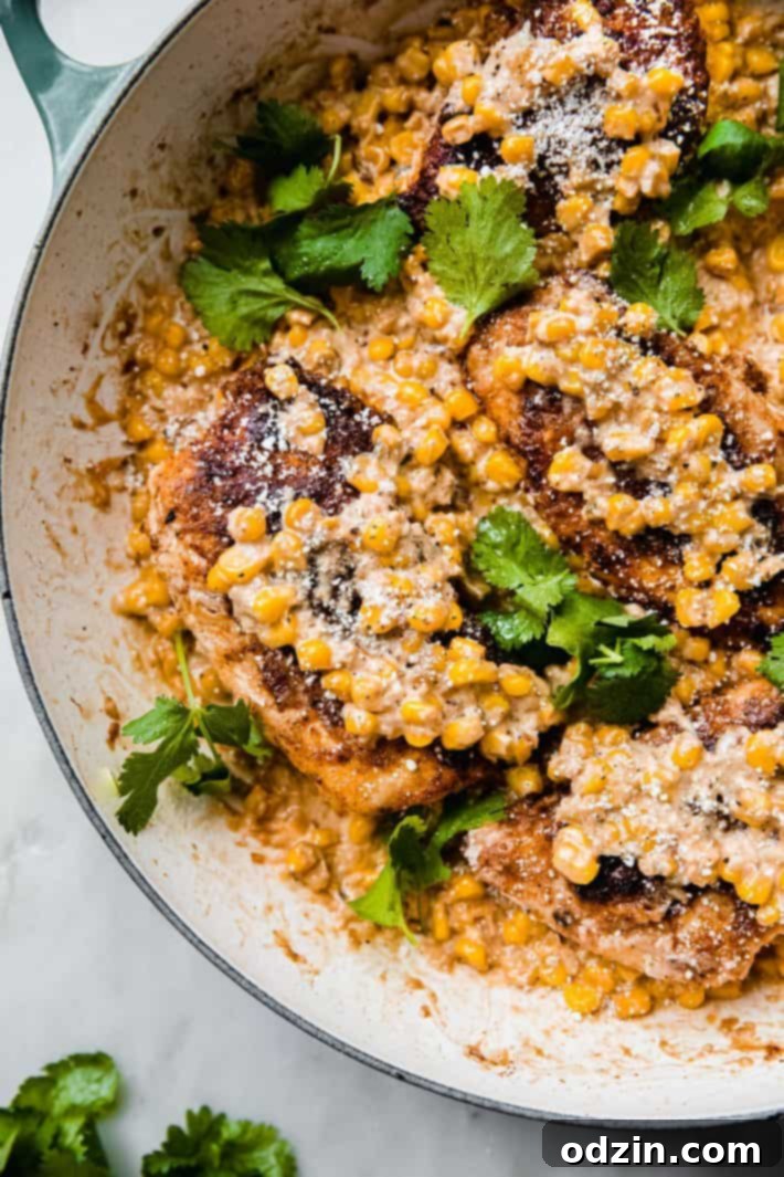 creamy corn chicken in skillet, ready to serve