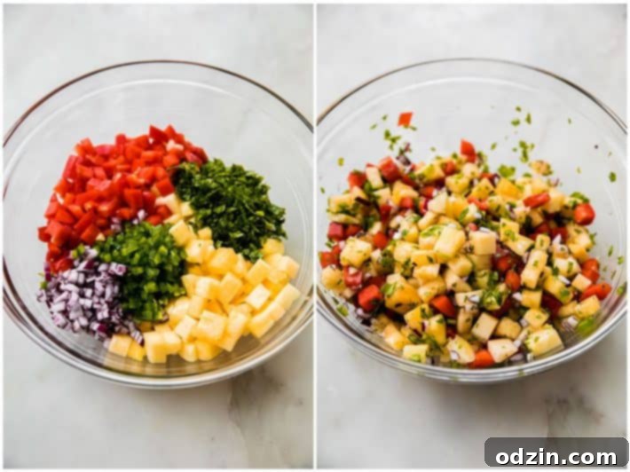 Golden Glazed Salmon with Tropical Pineapple Salsa 5 ingredients for pineapple salsa in bowl and tossed pineapple salsa in bowl